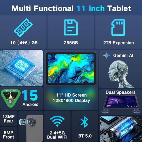 JUNYANG Tablet 11 inch Android 15 Tablets, 256GB ROM 10GB RAM, Octa-Core in Kuwait