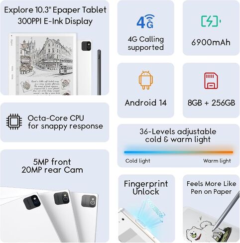 Bigme B10 Color E-Ink eReader Tablet 10.3" Epaper Tablet with 8GB +256GB, Fingerprint Unlock, 4G Connectivity, Stylus Pen, Android Ebook Readers Device with Octa Core 2.6Hz, Long Battery Life White1 in Saudi Arabia