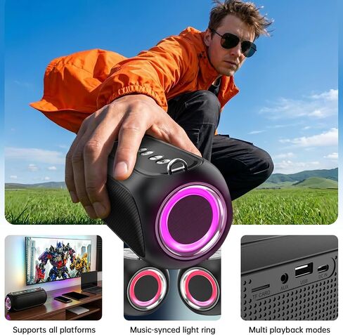 Portable Bluetooth Speaker with TWS & RGB Light, Bluetooth 5.3/TF/AUX/USB Playback, Long Battery Life Fast Charging, Adjustable Strap for Outdoor Camping Beach Bike in Kuwait