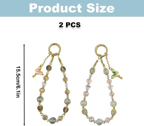 2PCS Crystal Butterfly Beaded Phone Lanyard Strap for Women in Saudi Arabia