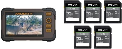 Muddy Outdoors SD Card Reader/Viewer w/ 4.3" LCD Screen, Multicolor, One Size (MUD-CRV43HD) & PNY 32GB Elite Class 10 U1 V10 SDHC Flash Memory Card 5-Pack - 100MB/s Read, Class 10, U1 Full HD in Kuwait