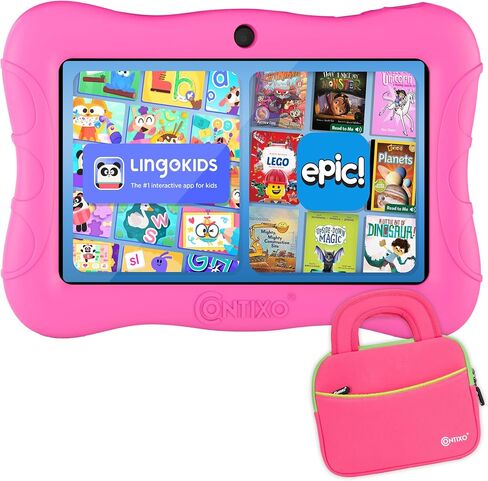 Contixo 7" Kids Tablet - V9 Android Tablet and Sleeve Bag Bundle with 14+ Academy Games and Educational Apps, 32GB, Dual Cameras, Parental Control, Perfect for Back to School, Pink in Kuwait
