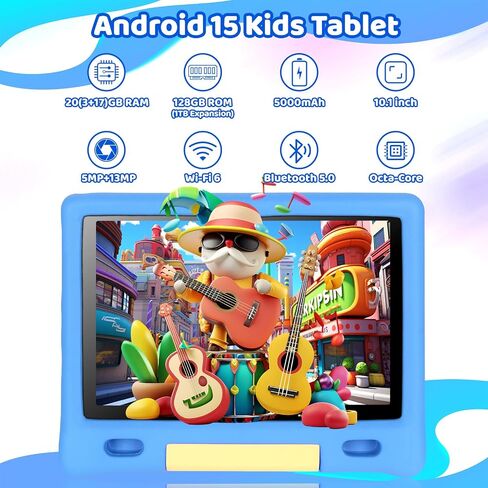 Gleeso Kids Tablet 10 Inch, Android 15 Tablet for Kids, 20GB RAM 128GB ROM 1TB Expand, 5000mAh Battery, Tablet for Toddler Children with case, Parental Control & UKIDOZ, BT5.4, Dual Camera, Gift-Blue in Kuwait