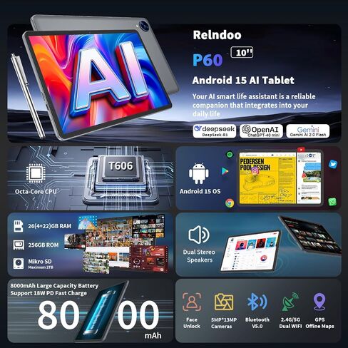 10 Inch Tablet, 2026 Android 15 Tablet with Keyboard, 26GB+256GB+2TB Expand in Kuwait