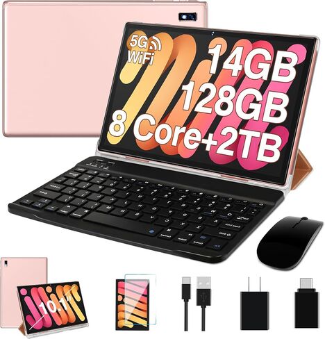 Oangcc Tablet Android 13 Tablets 10 Inch 14GB RAM 128GB ROM 2TB Expand with Keyboard, Mouse, Case, 8000mAh Battery, Octa-Core, GPS, 5G/2.4G Wi-Fi, BT5.0, IPS HD Display (Gold) in Kuwait