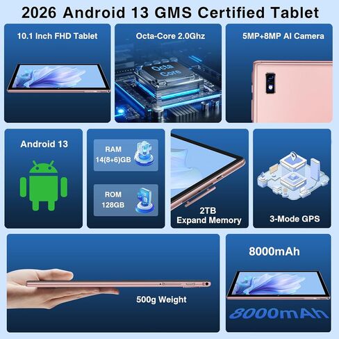 Oangcc Tablet Android 13 Tablets 10 Inch 14GB RAM 128GB ROM 2TB Expand with Keyboard, Mouse, Case, 8000mAh Battery, Octa-Core, GPS, 5G/2.4G Wi-Fi, BT5.0, IPS HD Display (Gold) in Kuwait