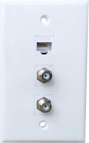 Single Gang 2 Coax 1 CAT6 Ethernet Wall Plate - Dual Coaxial Cable TV and 1 Cat 6 RJ45 Keystone Jack Faceplate - White in Kuwait