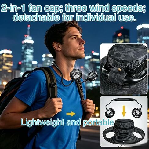 2-in-1 Detachable Fan Fisherman's Hat (Black), Gifts for Him Father Dad Husband, Fishing Essentials for Men Women Camping Hiking Beach Gardening in Kuwait
