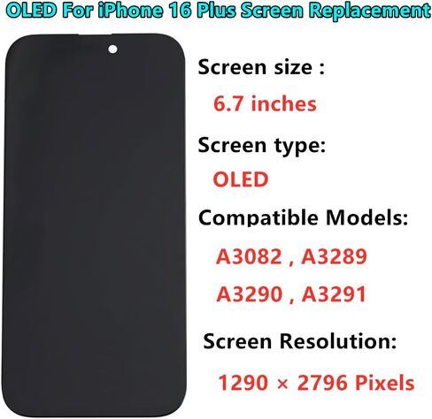 OLED for iPhone 16 Plus Screen Replacement Kit [Soft OLED,NOT LCD] 6.7'' Full HD Display 3D Touch Digitizer Assembly A3082 A3289 A3290 A3291 with Repair Tools and Waterproof sealant in Kuwait
