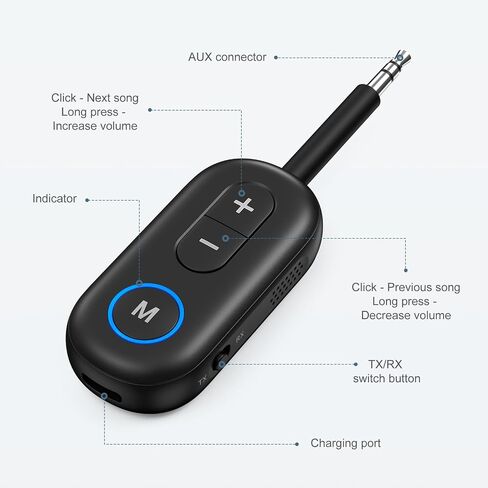 Upgraded Bluetooth 5.3 Transmitter Receiver 2 in 1, Bluetooth Adapter for Airplane, Low Latency, Hands-Free, 3.5mm Aux Audio Adapter for Travel Flight Car Home Stereo Theater in Saudi Arabia