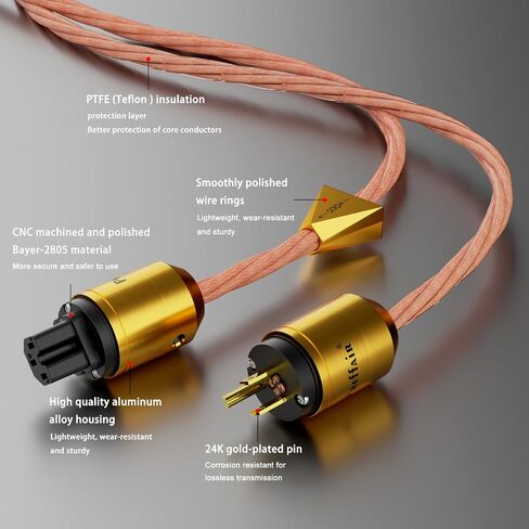 Preffair 5N OCC Copper AC Power Cables Audiophile Power Cords 15AWG/4 x 1.5mm2 Wires with Gold Plated US 3 Prong to C15 Connectors for Subwoofer, Turntable, AMP, DAC (2M/6.6FT, X461P102G) in Kuwait