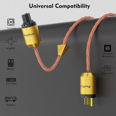 Preffair 5N OCC Copper AC Power Cables Audiophile Power Cords 15AWG/4 x 1.5mm2 Wires with Gold Plated US 3 Prong to C15 Connectors for Subwoofer, Turntable, AMP, DAC (2M/6.6FT, X461P102G) in Kuwait