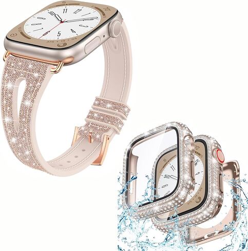 Goton 2 in 1 Bling Waterproof Case & Glitter Thin Band Compatible with Apple Watch 40mm Series 6/5/4/SE(2nd Gen), Women Silicone Strap + iWatch Screen Protector (For 40mm Only) in Kuwait