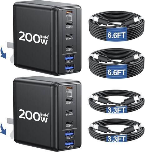 Lcssio 2 Pack 200W USB C Charger with 4 USB Cables, 6-Port Wall Charger in Kuwait