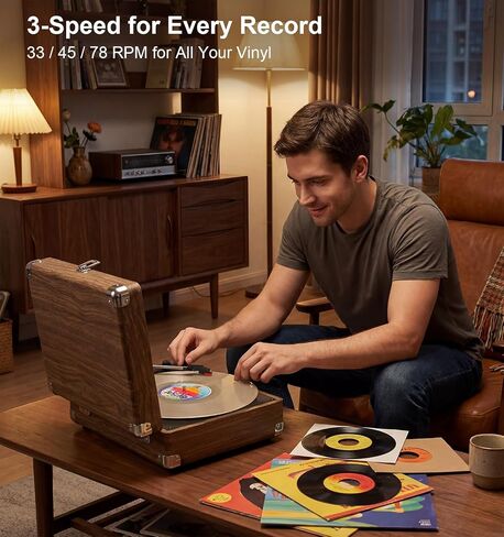 Vintage Bluetooth Record Player, 3-Speed Belt Drive, Wood Grain in Kuwait