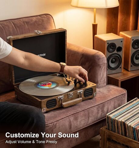 Vintage Bluetooth Record Player, 3-Speed Belt Drive, Wood Grain in Kuwait