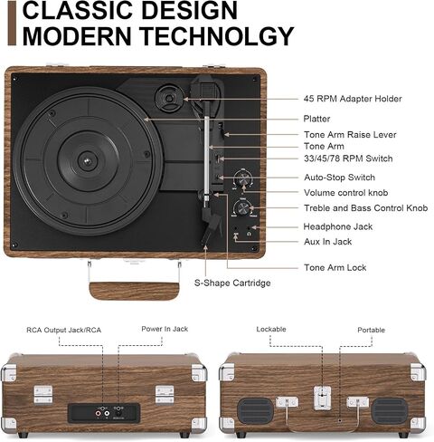 Vintage Bluetooth Record Player, 3-Speed Belt Drive, Wood Grain in Kuwait