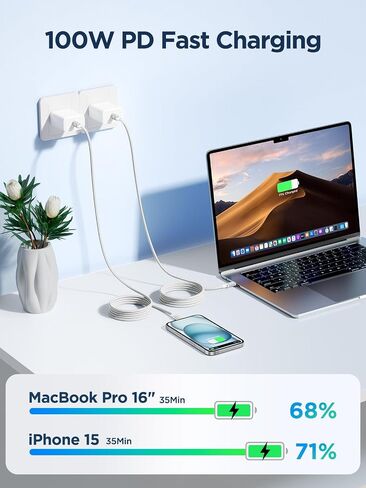 USB C to USB C Cable, 100W [10ft/2 Pack] USBC to USBC Fast Charging Cable USB C Charger Cord for iPhone 17 16 15 Air Pro Max Plus, MacBook Pro, iPad Pro, Samsung Galaxy S25/S24 Ultra, Switch, Pixel in Kuwait