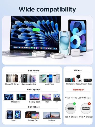 USB C to USB C Cable, 100W [10ft/2 Pack] USBC to USBC Fast Charging Cable USB C Charger Cord for iPhone 17 16 15 Air Pro Max Plus, MacBook Pro, iPad Pro, Samsung Galaxy S25/S24 Ultra, Switch, Pixel in Kuwait