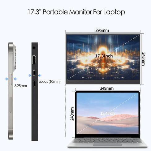 17.3’’ 144hz 2.5k Portable Gaming Monitor 2560*1440 HDR IPS USB-C MINI HDMI VESA Magnetic Case,Portable Monitor for Laptop PC,Mac,Phone,Switch,PS5,Xbox in Kuwait