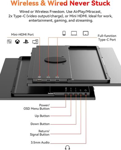 15.6" 1080P Wireless Portable Monitor Battery-Powered with Magnetic Stand in Kuwait