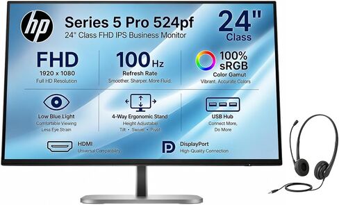 HP Series 5 Pro 524pf 24" Class FHD IPS Business Monitor, 100Hz, 100% sRGB, Low Blue Light, 4-Way Height Adjustable Ergonomic Stand with Tilt, Swivel & Pivot, USB Hub, DisplayPort, Headset, Jet Black in Kuwait