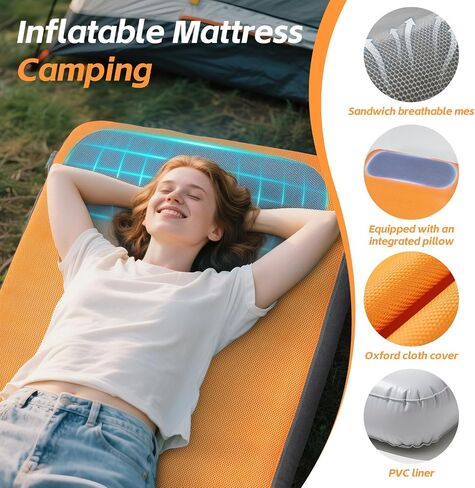 Sleeping Pad, 5.5" Thick Self Inflating Sleeping Pad with Electric Pump,4 Season Camping Mattress Pad with Built-in Pillow, Camping Essentials Gear for Hiking, Backpacking,Tent Use,Camping(Orange) in Kuwait