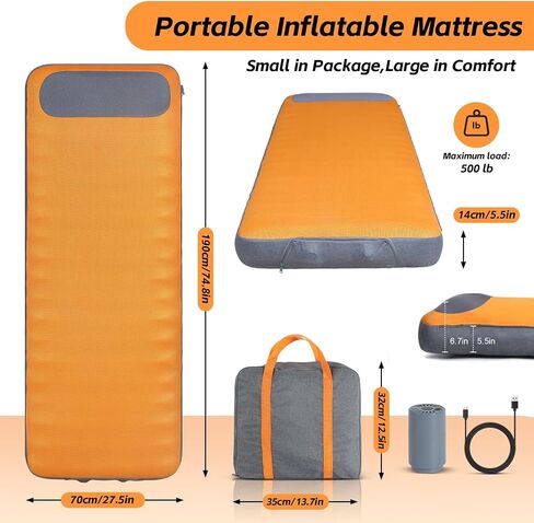 Sleeping Pad, 5.5" Thick Self Inflating Sleeping Pad with Electric Pump,4 Season Camping Mattress Pad with Built-in Pillow, Camping Essentials Gear for Hiking, Backpacking,Tent Use,Camping(Orange) in Kuwait