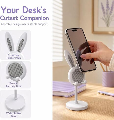 Cute White Bunny Desk Phone Stand, Adjustable Phone Holder with Stable Base in Kuwait