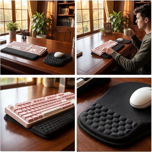 GarveeLife Ergonomic Memory Foam Keyboard and Mouse Wrist Rest Set – Massage Texture, Non-Slip Base, Ideal for Office, Gaming, Typing – Black – Desk Accessory – 2-Piece Set in Kuwait