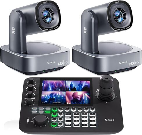 Tenveo 4K PTZ Camera and Controller Bundle/Kit - 4K NDI 6 & NDI HX3 PTZ Camera(2PCS) with 20X Zoom AI HDMI/USB3.0/LAN(PoE) and 7" LCD Quad-Screen 4D Joystick NDI PTZ Controller Kit for Live Streaming in Kuwait