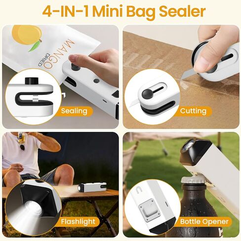 Upgraded 4 in 1 Mini Bag Sealer, Rechargeable Chip Bag Sealer Heat Seal with Cutter, Bottle Opener, Flash-light and Magnet, Portable Handheld Bag Resealer for Plastic Bags Snack & Food Storage in Saudi Arabia