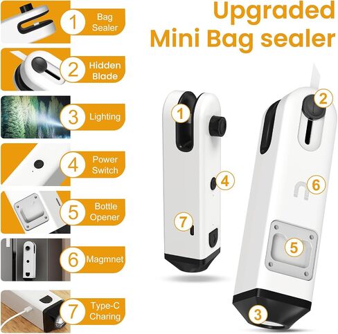 Upgraded 4 in 1 Mini Bag Sealer, Rechargeable Chip Bag Sealer Heat Seal with Cutter, Bottle Opener, Flash-light and Magnet, Portable Handheld Bag Resealer for Plastic Bags Snack & Food Storage in Saudi Arabia