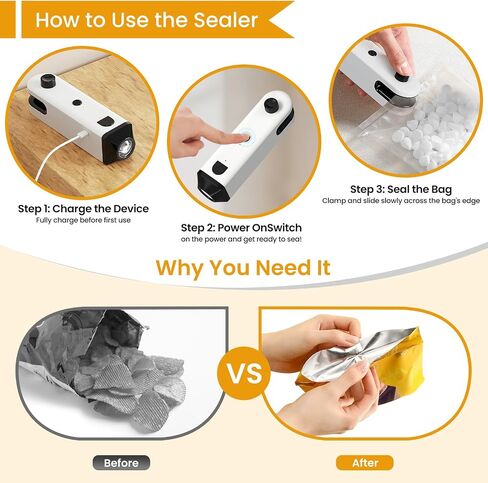 Upgraded 4 in 1 Mini Bag Sealer, Rechargeable Chip Bag Sealer Heat Seal with Cutter, Bottle Opener, Flash-light and Magnet, Portable Handheld Bag Resealer for Plastic Bags Snack & Food Storage in Saudi Arabia