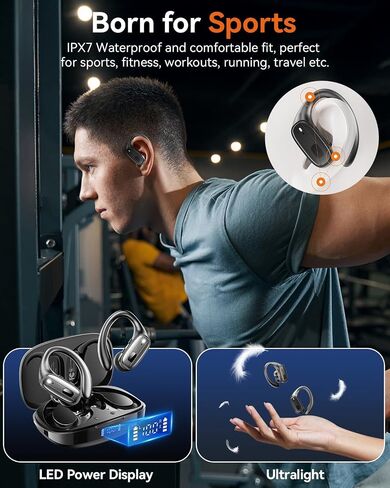 LEEMC Wireless Earbuds, Bluetooth Headphones 5.4, 80Hr Playtime Ear Buds with Hooks for Sports, Noise Canceling, LED Display, IPX7 Waterproof Earphones for Workout Running, Onyx in Saudi Arabia