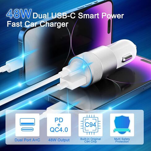 Fast Car Charger, 48W Dual Port USB A&USB C Car Charger Adapter with Cable in Kuwait