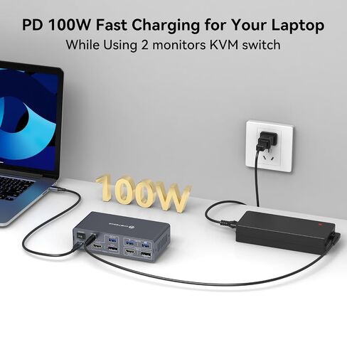KVM Switch 2 Monitors 2 Computers Docking Station USB C + HDMI/DP Input with 100W PD, 4K60Hz/4K120Hz Displayport HDMI Dual Monitor for Laptop and Desktop Share 13-in-1 Dock Aluminum Case Plug and Play in Kuwait