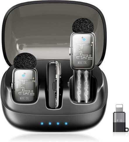 Wireless Microphone for iPhone iPad and Android Phone, 2 Pack Wireless Lavalier Lapel Mic with Noise Reduction, Plug and Play Mini Microphone for Video Recording Interview Podcast YouTube TikTok Vlog in Kuwait