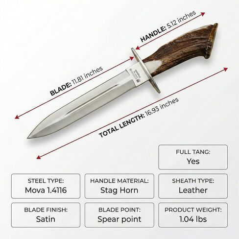 Joker "Guepardo CN29 Hunting Knife with Deer Antler Handle and 11,8 inches Blade, Leather Sheath Included, Fishing Tool, Hunting, Camping and Hiking in Kuwait