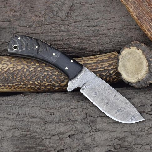 Knives Ranch Handmade 8.5" Damascus Steel Hunting Knife – Full Tang Fixed Blade – Ram’s Horn Handle with Micarta Bolster – Survival, Camping, Skinning – Dual Carry Leather Sheath (2038-RH) in Kuwait