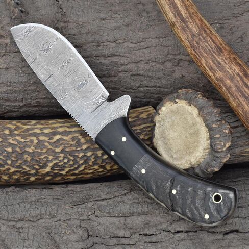 Knives Ranch Handmade 8.5" Damascus Steel Hunting Knife – Full Tang Fixed Blade – Ram’s Horn Handle with Micarta Bolster – Survival, Camping, Skinning – Dual Carry Leather Sheath (2038-RH) in Kuwait