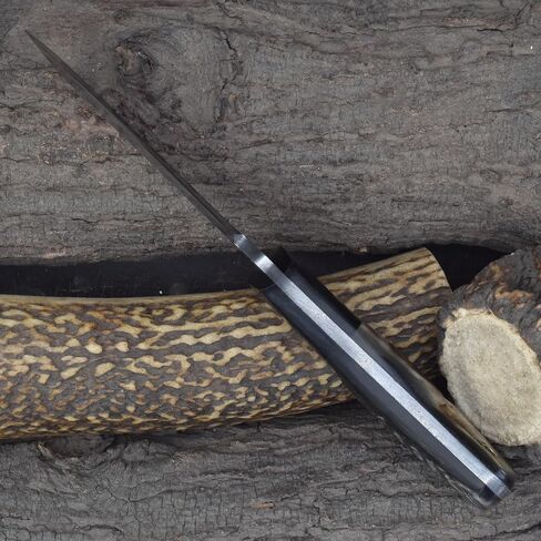 Knives Ranch Handmade 8.5" Damascus Steel Hunting Knife – Full Tang Fixed Blade – Ram’s Horn Handle with Micarta Bolster – Survival, Camping, Skinning – Dual Carry Leather Sheath (2038-RH) in Kuwait