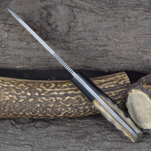 Knives Ranch Handmade 8.5" Damascus Steel Hunting Knife – Full Tang Fixed Blade – Ram’s Horn Handle with Micarta Bolster – Survival, Camping, Skinning – Dual Carry Leather Sheath (2038-RH) in Kuwait