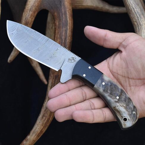 Knives Ranch Handmade 8.5" Damascus Steel Hunting Knife – Full Tang Fixed Blade – Ram’s Horn Handle with Micarta Bolster – Survival, Camping, Skinning – Dual Carry Leather Sheath (2038-RH) in Kuwait