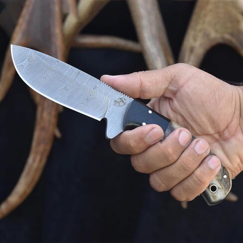 Knives Ranch Handmade 8.5" Damascus Steel Hunting Knife – Full Tang Fixed Blade – Ram’s Horn Handle with Micarta Bolster – Survival, Camping, Skinning – Dual Carry Leather Sheath (2038-RH) in Kuwait