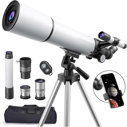 80mm Aperture Refractor Telescope for Adults & Beginners, 20X-150X Magnification Astronomy Telescope with Aluminum Tripod, Smartphone Adapter & Carry Bag, White in Kuwait
