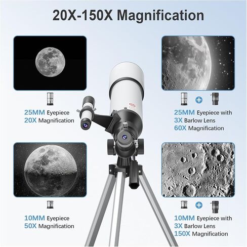 80mm Aperture Refractor Telescope for Adults & Beginners, 20X-150X Magnification Astronomy Telescope with Aluminum Tripod, Smartphone Adapter & Carry Bag, White in Kuwait