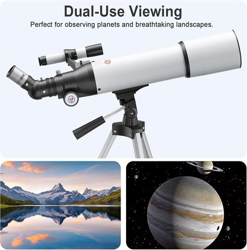 80mm Aperture Refractor Telescope for Adults & Beginners, 20X-150X Magnification Astronomy Telescope with Aluminum Tripod, Smartphone Adapter & Carry Bag, White in Kuwait