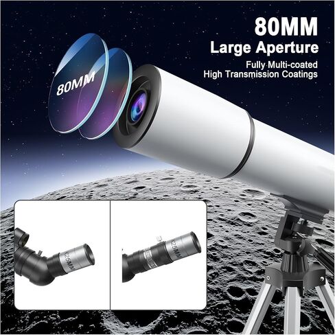 80mm Aperture Refractor Telescope for Adults & Beginners, 20X-150X Magnification Astronomy Telescope with Aluminum Tripod, Smartphone Adapter & Carry Bag, White in Kuwait