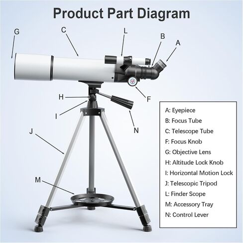 80mm Aperture Refractor Telescope for Adults & Beginners, 20X-150X Magnification Astronomy Telescope with Aluminum Tripod, Smartphone Adapter & Carry Bag, White in Kuwait